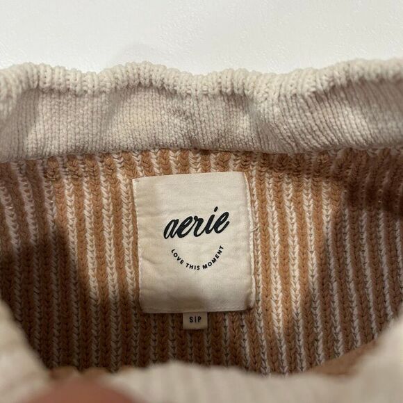 Aerie Striped Knit Sweater Size Small Brown Cream Balloon Sleeve Cozy Fall Top - Picture 3 of 6